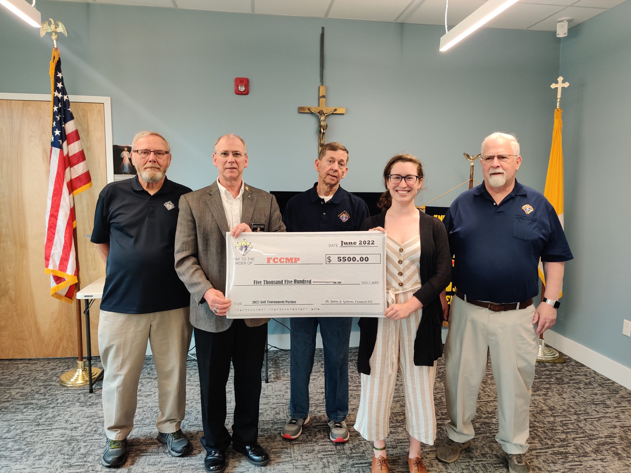 2022 Knights of Columbus golf tournament check hand off to FCCMP