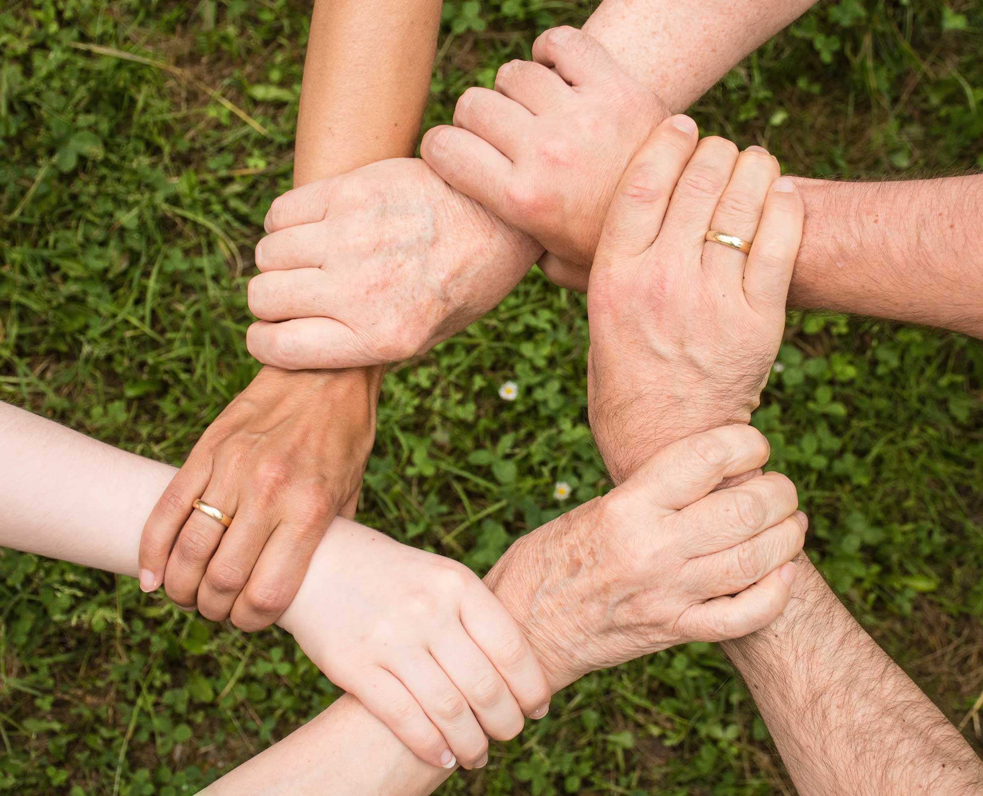 multiple hands joining together in solidarity